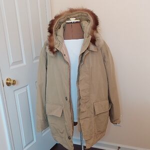 Vintage 60s Eddie Bauer Down Blizzard Proof Khaki Parka Fur Hood USA SZ L